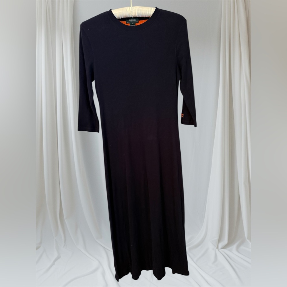 Lauren Ralph Lauren Dress Ribbed Navy Long Sleeve Maxi Dress Size M 100% Cotton